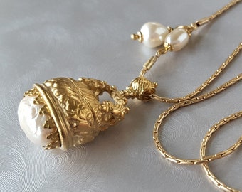 Baroque Pearl Necklace, Ornate Gold Fob, Mothers Day Gifts, Beautiful Gifts for Her, Victorian Style, Mom, Baroque Pearl Jewelry veryDonna