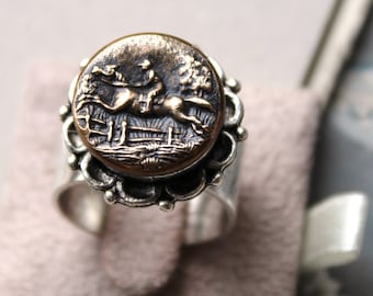 Vintage Button Ring, Horse and Rider Button c. 1920-1930, Equestrian Jewelry, Silver Adjustable Button Ring by Donna Sutor, veryDonna