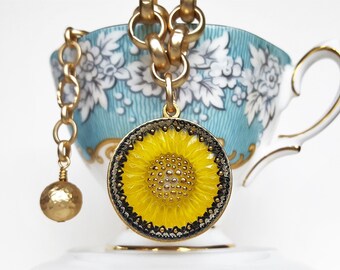 Sunflower Necklace, Sunshine Yellow, Feel Better Gifts, Czech Glass Necklace, veryDonna