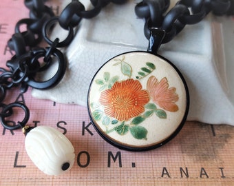 Flower Necklace, Satsuma, Hand Painted Porcelain Jewelry, Asian Flowers Orange, Chunky Black Chain Necklace,Antique Button Jewelry veryDonna