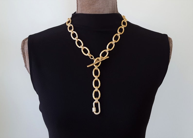 LUXE Gold Oval Link Toggle Necklace Pave Carabiner Necklace - Etsy