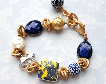 Lapis and Pearl and Chinoiserie Bracelet, Provence, Chinoiserie, Lapis, Blue and Yellow, Lovely Gifts for Her, Classic Jewelry veryDonna