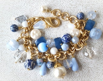 Sky Blue Beaded Charm Bracelet, Chinoiserie and Pearl, Vintage Czech Glass, Vintage Beaded Bracelet,Gifts for Her,Upcycled Jewelry veryDonna