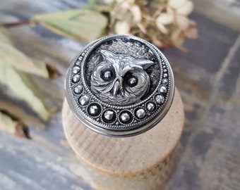 OWL Ring, Hand Cast Metal Button Ring, Hoot Owl, Adjustable Chunky Metal Wildlife Ring, Gifts under 60, Button Jewelry veryDonna