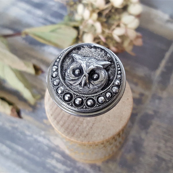 OWL Ring, Hand Cast Metal Button Ring, Hoot Owl, Adjustable Chunky Metal Wildlife Ring, Gifts under 60, Button Jewelry veryDonna