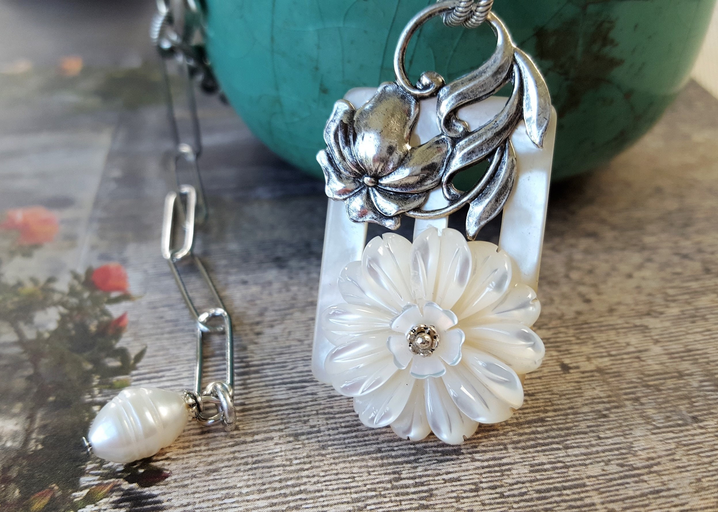 Antique Mother of Pearl Necklace Carved Pearl Flower Necklace