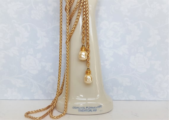 Baroque Pearl Lariat Necklace, Gold Rope Chain Wrap Necklace