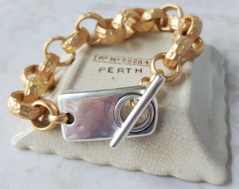 Chunky Gold Chain Toggle Bracelet: Hammered Finish, Two-Tone Jewelry