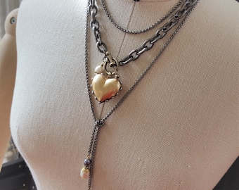2 PC SET Chunky Gold Heart Necklace and Baroque Pearl Lariat Duo, Love Gifts for Her, Valentines Day Gifts, Love Token, veryDonna