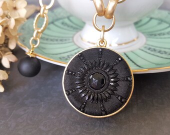 Chunky Black Glass Necklace, Antique Button Necklace Large Pendant, Jet Glass, Chunky Rollo Chain, Upcycled Button Jewelry veryDonna