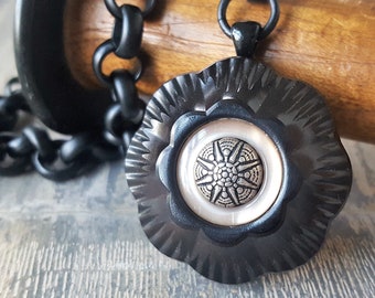 STUNNING Carved Black Button Necklace, Art Deco Style Jewelry, Chunky Black Button Necklace, One of a Kind Statement Jewelry veryDonna