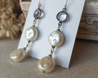 Vintage Crystal and Baroque Pearl Earrings, Holiday Accessories, Christmas Gifts under 50, Chunky Coin Pearl Drop Earrings, veryDonna