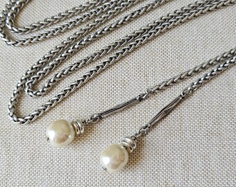 Baroque Pearl Lariat Necklace, Silver Rope Chain Wrap Necklace, Lariat, Silver and Pearl Jewelry, Contemporary Jewelry veryDonna