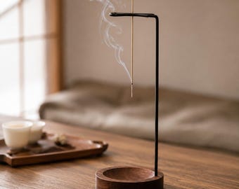 Modern Hanging Incense Holder, Minimalist Metal Stand, Wooden Ash Catcher