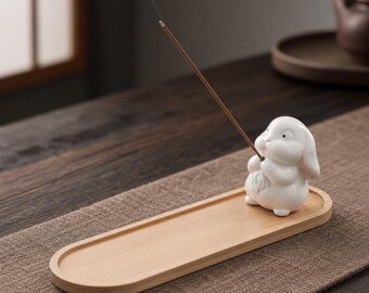 Incensario con forma de conejo adorable con atrapacenizas de bambú, quemador de incienso de cerámica con forma de conejito, decoración kawaii para el hogar, regalo para amantes de los conejos.