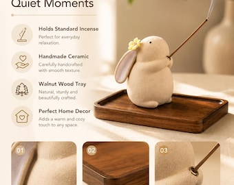 Handmade Bunny Incense Holder with Walnut Wood Tray, Cute Ceramic Rabbit Incense Burner, Cozy Home Decor, Meditation Gift, Relaxation Decor