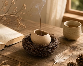 Set di porta incenso a forma di nido d'uccello fatto a mano, bruciatore di incenso in ceramica con base a nido d'uccello naturale, decorazione zen per la casa, regalo per la meditazione, porta incenso