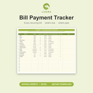 Puede incluir: Un rastreador digital de pagos de facturas con un dise&ntilde;o verde y blanco. La hoja de c&aacute;lculo enumera las facturas recurrentes, las fechas de vencimiento, los importes t&iacute;picos y los m&eacute;todos de pago. El texto "Bill Payment Tracker" se muestra en la parte superior.