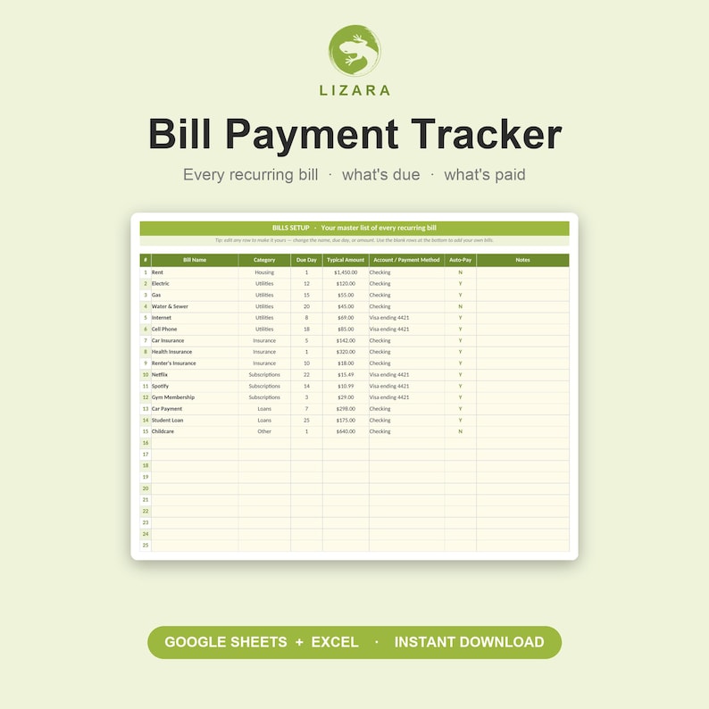 Puede incluir: Un rastreador digital de pagos de facturas con un dise&ntilde;o verde y blanco. La hoja de c&aacute;lculo enumera las facturas recurrentes, las fechas de vencimiento, los importes t&iacute;picos y los m&eacute;todos de pago. El texto "Bill Payment Tracker" se muestra en la parte superior.