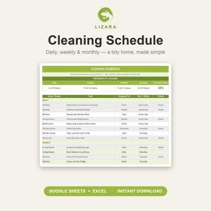 May include: A green and white cleaning schedule template with the text "Cleaning Schedule" and "Daily, weekly & monthly - a tidy home, made simple." The schedule includes daily and weekly tasks.