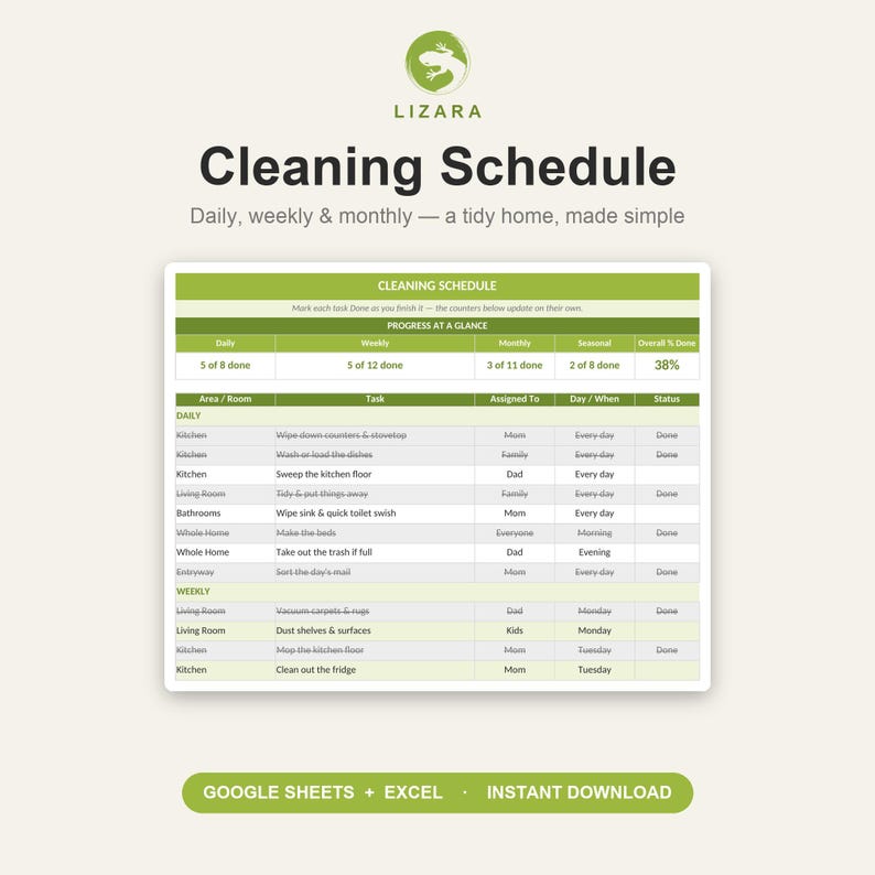May include: A green and white cleaning schedule template with the text "Cleaning Schedule" and "Daily, weekly & monthly - a tidy home, made simple." The schedule includes daily and weekly tasks.