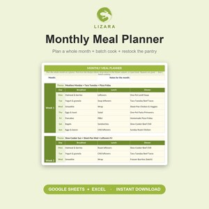 May include: A digital monthly meal planner with a green and white design. The planner includes sections for breakfast, lunch, and dinner, with meal suggestions for each day of the week. The text "Monthly Meal Planner" is at the top.