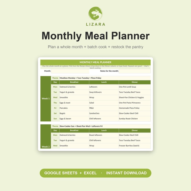May include: A digital monthly meal planner with a green and white design. The planner includes sections for breakfast, lunch, and dinner, with meal suggestions for each day of the week. The text "Monthly Meal Planner" is at the top.