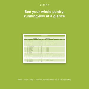 May include: A digital pantry inventory displayed on a tablet screen, set against a green background. The screen shows a detailed list with categories, quantities, and expiration dates. Text at the top reads "See your whole pantry, running-low at a glance."