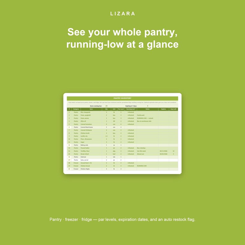 May include: A digital pantry inventory displayed on a tablet screen, set against a green background. The screen shows a detailed list with categories, quantities, and expiration dates. Text at the top reads "See your whole pantry, running-low at a glance."