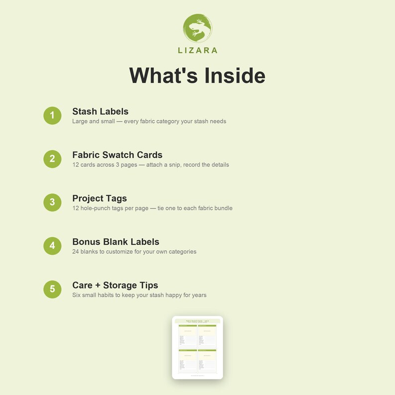 Puede incluir: Gr&aacute;fico verde claro con el texto "LIZARA What's Inside" y secciones numeradas que detallan las herramientas de organizaci&oacute;n de telas. Incluye etiquetas de reserva, tarjetas de muestras de tela, etiquetas de proyecto, etiquetas en blanco adicionales y consejos de cuidado y almacenamiento.