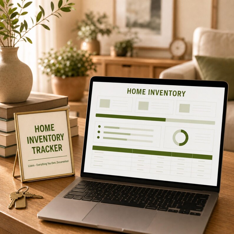 May include: A laptop displaying a Home Inventory dashboard with green charts and text, alongside a gold-framed sign that reads Home Inventory Tracker and Lizara - Everything You Own, Documented, with a set of metal keys resting on the surface.
