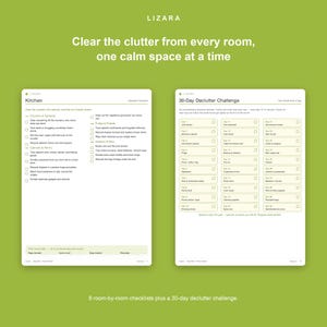 May include: Two white pages with black text on a green background. The left page is a kitchen declutter checklist. The right page is a 30-day declutter challenge. The top text reads: Clear the clutter from every room, one calm space at a time.