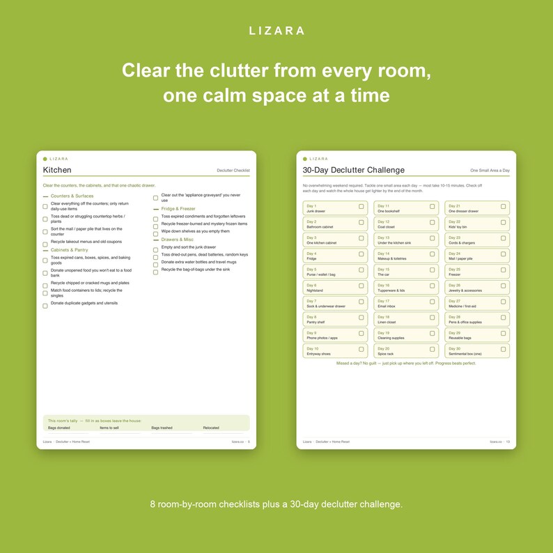 May include: Two white pages with black text on a green background. The left page is a kitchen declutter checklist. The right page is a 30-day declutter challenge. The top text reads: Clear the clutter from every room, one calm space at a time.