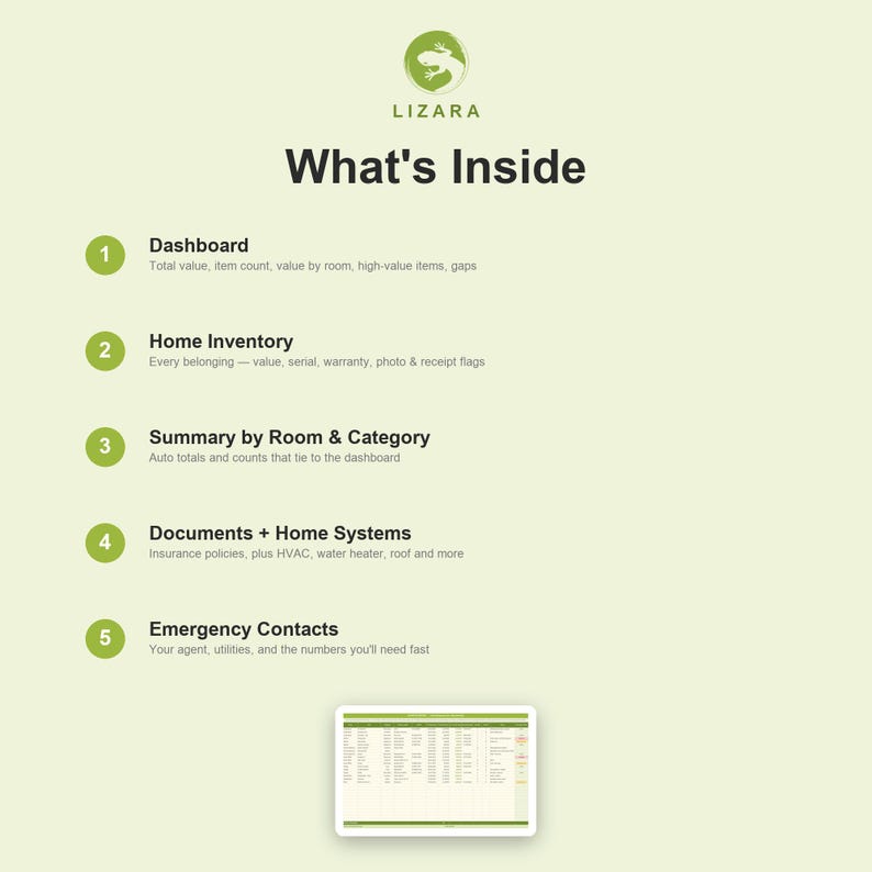 May include: A light green informational graphic titled What's Inside with the Lizara logo. It lists five numbered sections: Dashboard, Home Inventory, Summary by Room & Category, Documents + Home Systems, and Emergency Contacts, with a small spreadsheet preview.