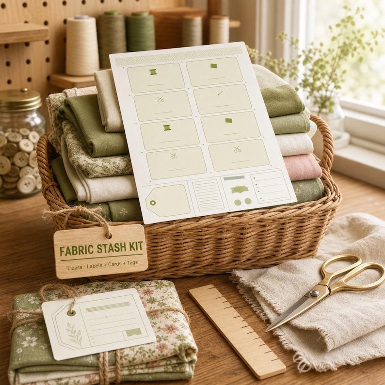 Puede incluir: Un kit de costura con telas verdes y florales, etiquetas, tarjetas y etiquetas en una cesta de mimbre. Tambi&eacute;n se incluye una regla de madera y tijeras doradas. Ideal para proyectos de costura.