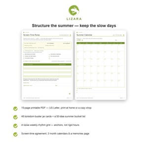 May include: A printable planner set featuring a Screen-Time Rules agreement and a Summer Calendar. The documents include sections for daily screen-time limits, task checklists, and a monthly grid. The design uses olive green accents and text.