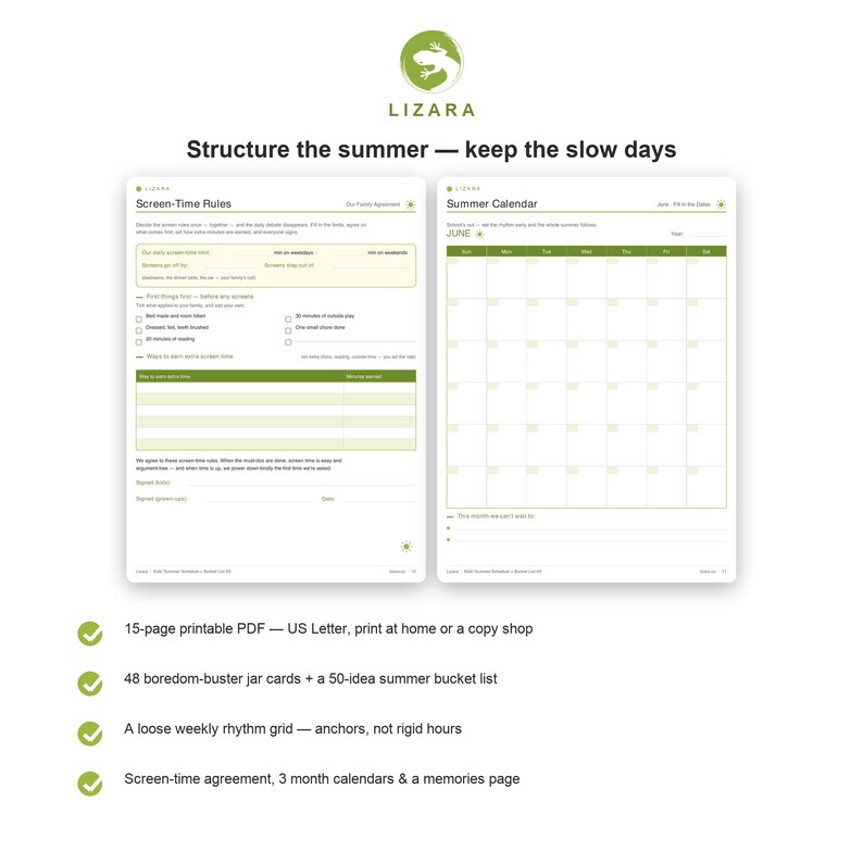 May include: A printable planner set featuring a Screen-Time Rules agreement and a Summer Calendar. The documents include sections for daily screen-time limits, task checklists, and a monthly grid. The design uses olive green accents and text.