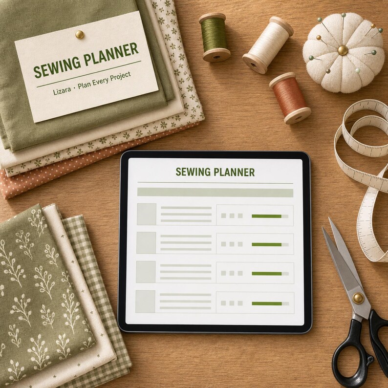 May include: A digital tablet displaying a sewing planner interface, surrounded by stacks of olive green and patterned fabrics, three spools of thread, a white pin cushion, a coiled measuring tape, and a pair of black metal sewing scissors.