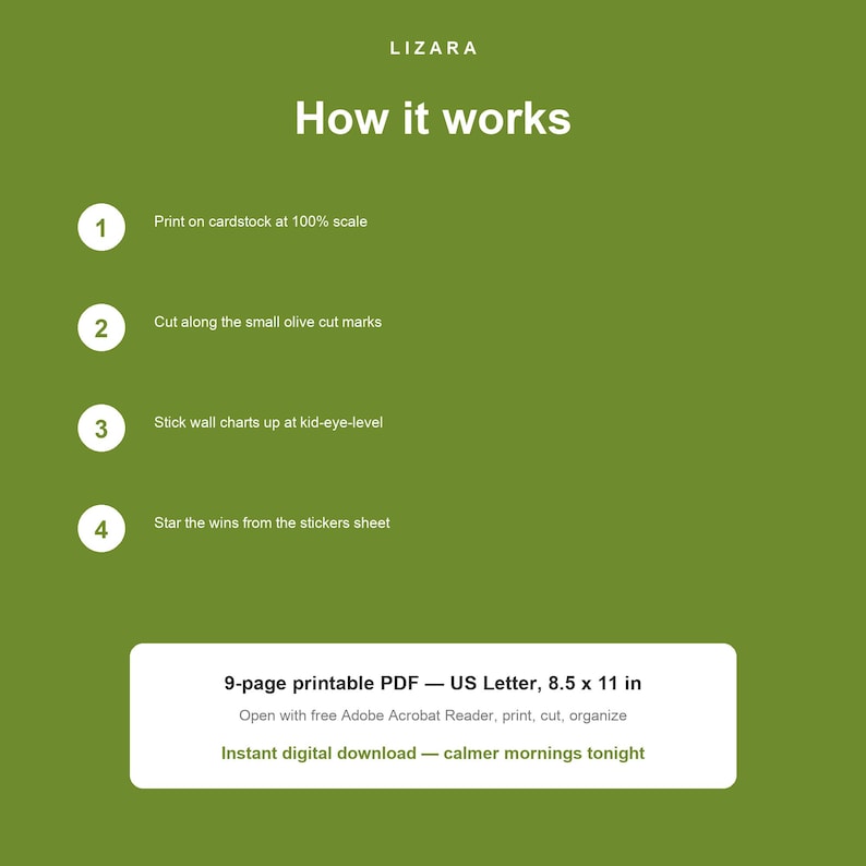 May include: A green graphic with the text "LIZARA" and "How it works." Instructions include printing on cardstock, cutting along marks, sticking charts at eye level, and using stickers. The text also mentions a 9-page PDF, US Letter size, and "calmer mornings tonight."