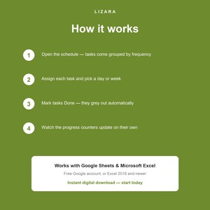 May include: A green graphic with the text "LIZARA" at the top. The title "How it works" is displayed below. Four steps are listed, each with a brief description. A white box at the bottom states "Works with Google Sheets & Microsoft Excel" and "Instant digital download - start today."