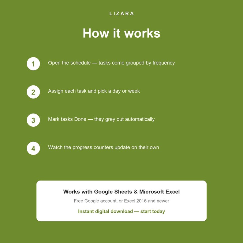 May include: A green graphic with the text "LIZARA" at the top. The title "How it works" is displayed below. Four steps are listed, each with a brief description. A white box at the bottom states "Works with Google Sheets & Microsoft Excel" and "Instant digital download - start today."