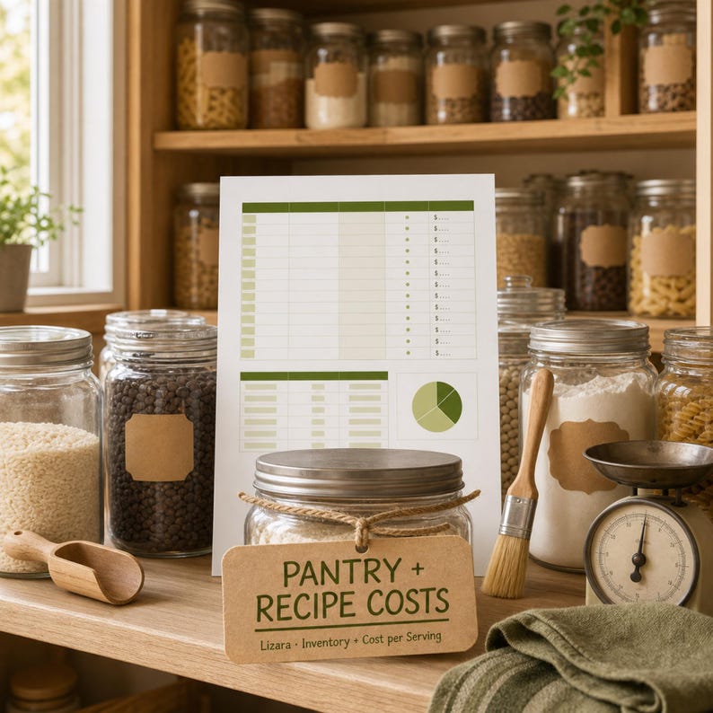 May include: A pantry organization scene with glass jars filled with various grains and dry goods. A sign reads "Pantry + Recipe Costs" with additional text. A wooden scoop, a small scale, and a brush are also visible.
