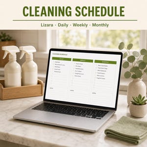 May include: A laptop displaying a "Cleaning Schedule" with daily, weekly, and monthly tasks. Two spray bottles sit in a wooden tray, and a folded green cloth is on the counter. The text "Cleaning Schedule" is at the top.