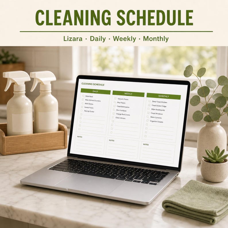 May include: A laptop displaying a "Cleaning Schedule" with daily, weekly, and monthly tasks. Two spray bottles sit in a wooden tray, and a folded green cloth is on the counter. The text "Cleaning Schedule" is at the top.