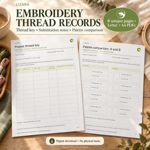 May include: Two white paper sheets titled Embroidery Thread Records, Project thread key, and Palette comparison: A and B. The documents feature tables for recording thread brands, codes, and color notes for embroidery projects.
