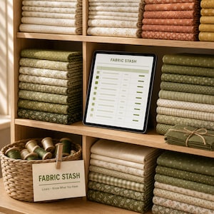 May include: Stacks of folded fabric in shades of cream, olive green, and terracotta are organized on wooden shelves. A tablet displays a digital list titled FABRIC STASH. A woven basket holds thread spools and a sign reading FABRIC STASH.