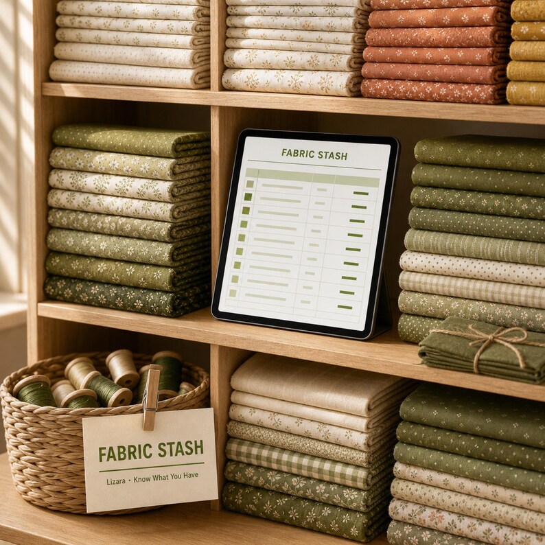 May include: Stacks of folded fabric in shades of cream, olive green, and terracotta are organized on wooden shelves. A tablet displays a digital list titled FABRIC STASH. A woven basket holds thread spools and a sign reading FABRIC STASH.