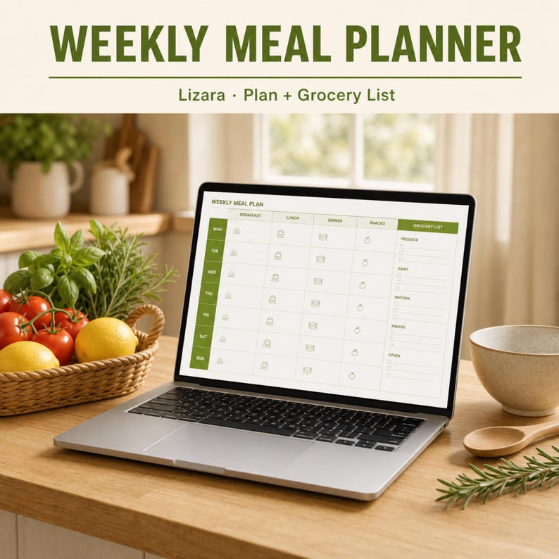 May include: A laptop displaying a weekly meal planner with the text "WEEKLY MEAL PLANNER" and "Lizara Plan + Grocery List". The screen shows a meal plan layout with sections for each day and meal. A basket of tomatoes, lemons, and herbs sits nearby.