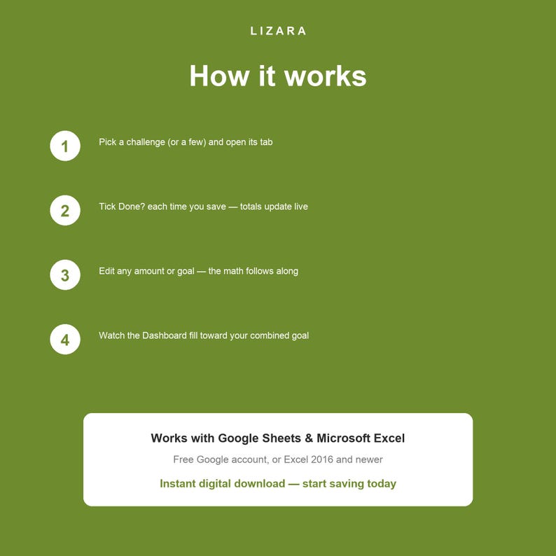 May include: An olive green informational graphic titled LIZARA How it works with four numbered steps: Pick a challenge, Tick Done, Edit any amount, and Watch the Dashboard. A white box at the bottom states Works with Google Sheets & Microsoft Excel.