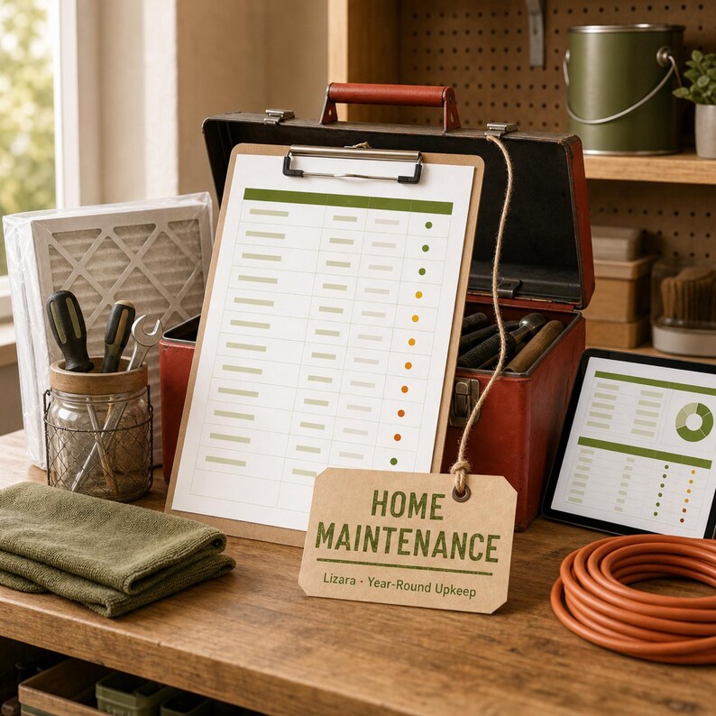 May include: A clipboard with a home maintenance checklist, a toolbox, and a tablet sit on a wooden surface. A tag reads "HOME MAINTENANCE" with "Lizara - Year-Round Upkeep" below. A roll of orange tubing is in the foreground.